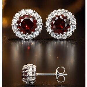Garnet Stud with Sapphire Halo in .925 Sterling Silver New